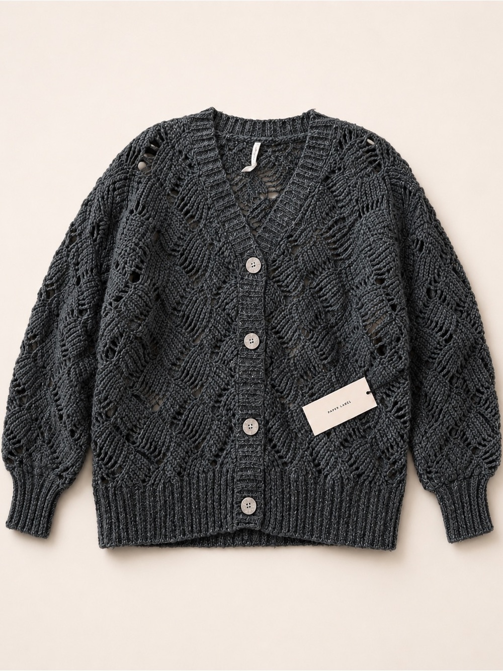 Paper label Lynn Marino wool Open-Knit Charcoal Button-Front Cardigan